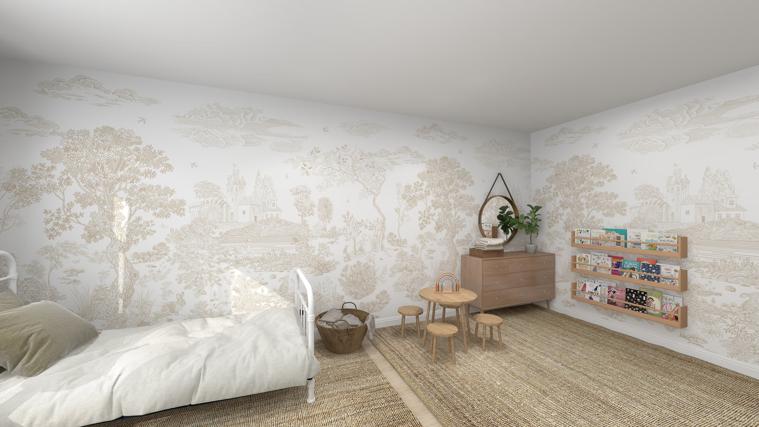 A cozy childrens room features Forest Hideaway Wallpaper Neutral, evoking a serene forest setting. It includes a bed with light bedding, a small wooden table with stools, a chest of drawers, and a wall-mounted bookshelf. A woven rug enhances the natural look by covering the floor.