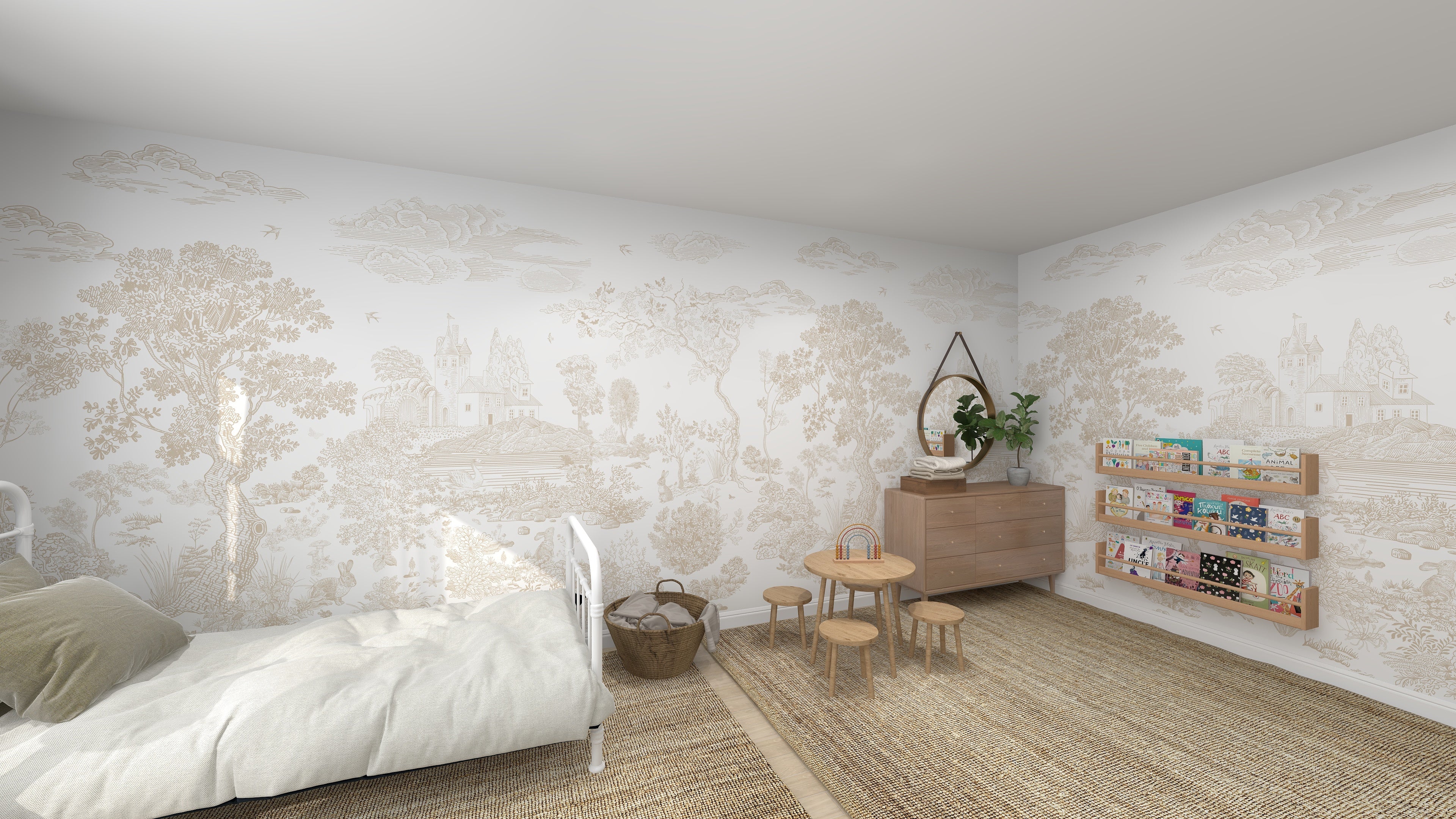 A cozy childrens room features Forest Hideaway Wallpaper Neutral, evoking a serene forest setting. It includes a bed with light bedding, a small wooden table with stools, a chest of drawers, and a wall-mounted bookshelf. A woven rug enhances the natural look by covering the floor.