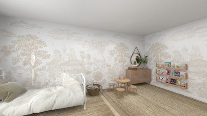 A cozy childrens room features Forest Hideaway Wallpaper Neutral, evoking a serene forest setting. It includes a bed with light bedding, a small wooden table with stools, a chest of drawers, and a wall-mounted bookshelf. A woven rug enhances the natural look by covering the floor.