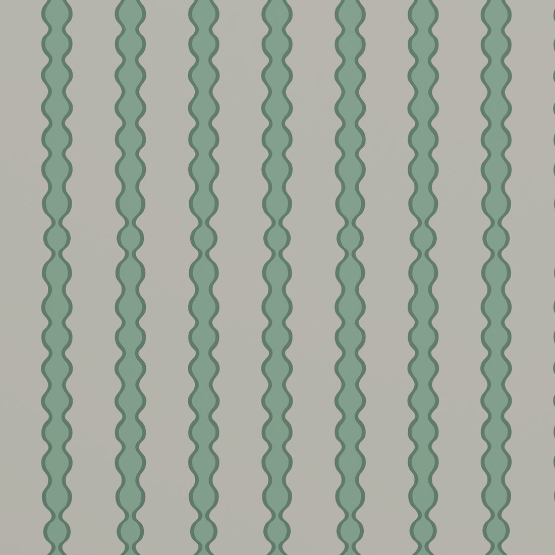 The Custom Green Seafoam Abacus Stripe Wallpaper Sample features evenly spaced vertical wavy teal lines on a white background, offering a simple yet striking abstract geometric pattern.