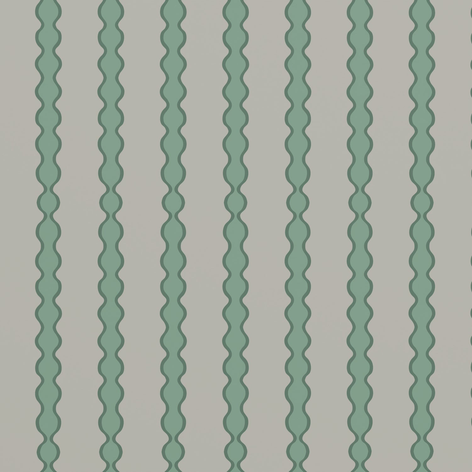 The Custom Green Seafoam Abacus Stripe Wallpaper Sample features evenly spaced vertical wavy teal lines on a white background, offering a simple yet striking abstract geometric pattern.