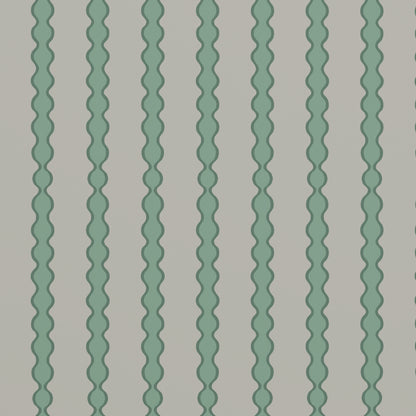 The Custom Green Seafoam Abacus Stripe Wallpaper Sample features evenly spaced vertical wavy teal lines on a white background, offering a simple yet striking abstract geometric pattern.