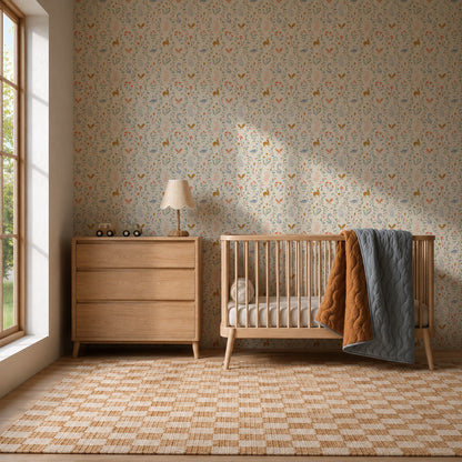 A cozy nursery featuring a wooden crib, two blankets, a matching dresser with a lamp, and a checkered rug. Sunlight streams in through a large window to illuminate the charming Coles Berry Patch Wallpaper, creating a warm and inviting atmosphere.