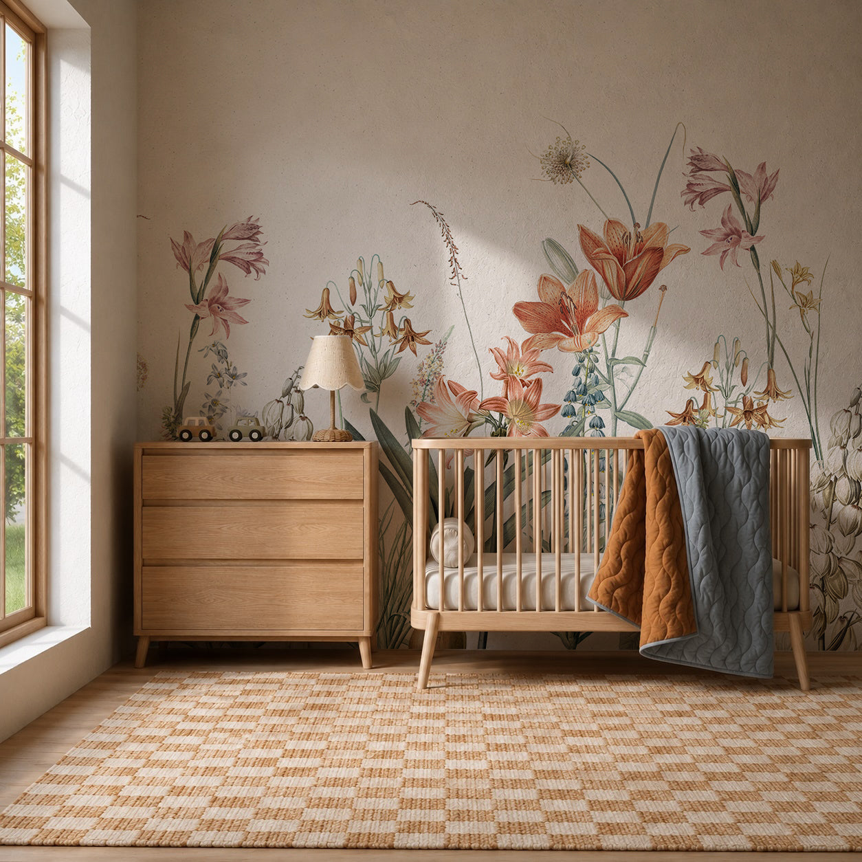 A cozy nursery features a wooden crib, dresser, lamp, and a quilt draped over the crib. The wall is adorned with the Quinns Flower Field Mural, bringing the beauty of nature indoors, while sunlight streams through a window onto a patterned rug.