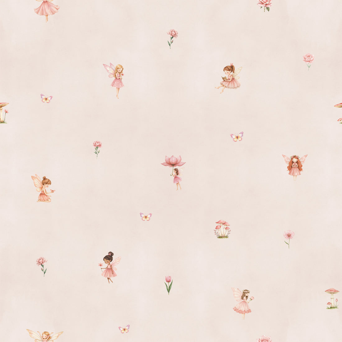 Custom Fairy Wallpaper | Sample features a soft pink background adorned with delicate fairies, flowers, and butterflies, creating a whimsical, magical pattern—ideal for adding charm to any space.