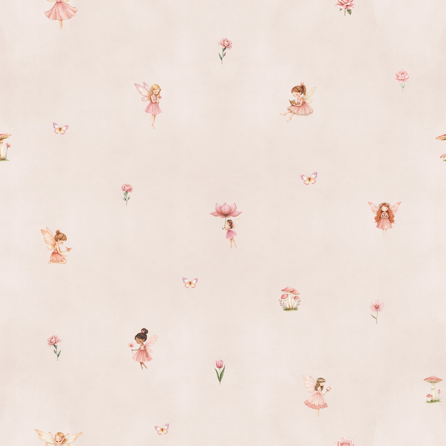 Custom Fairy Wallpaper | Sample features a soft pink background adorned with delicate fairies, flowers, and butterflies, creating a whimsical, magical pattern—ideal for adding charm to any space.