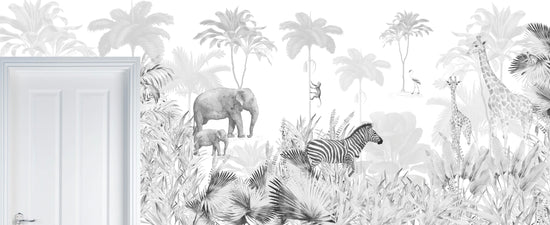 Load image into Gallery viewer, Custom Monochrome Jungle Wallpaper Mural | H139cm x W339cm - Munks and Me Wallpaper
