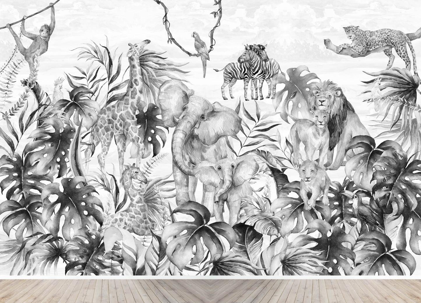 Custom Monochrome Safari Jungle Wallpaper | H232cm x W355cm - Munks and Me Wallpaper