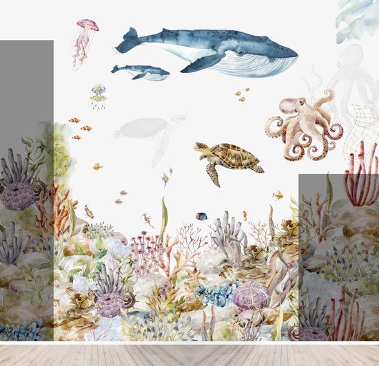 Custom Under The Sea Watercolour Mural | H204cm X W226cm - Munks and Me Wallpaper