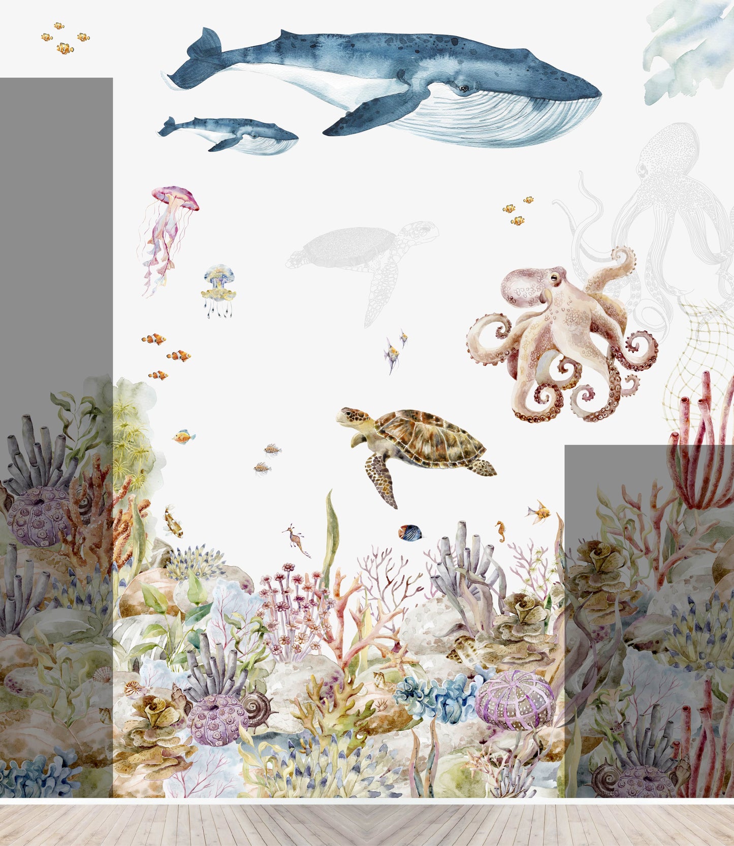 Custom Under The Sea Watercolour Mural | H226CM X W208CM - Munks and Me Wallpaper