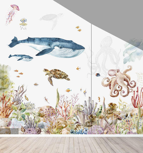 Load image into Gallery viewer, Custom Under the Sea Watercolour Wallpaper Mural | H259cm x W277cm - Munks and Me Wallpaper
