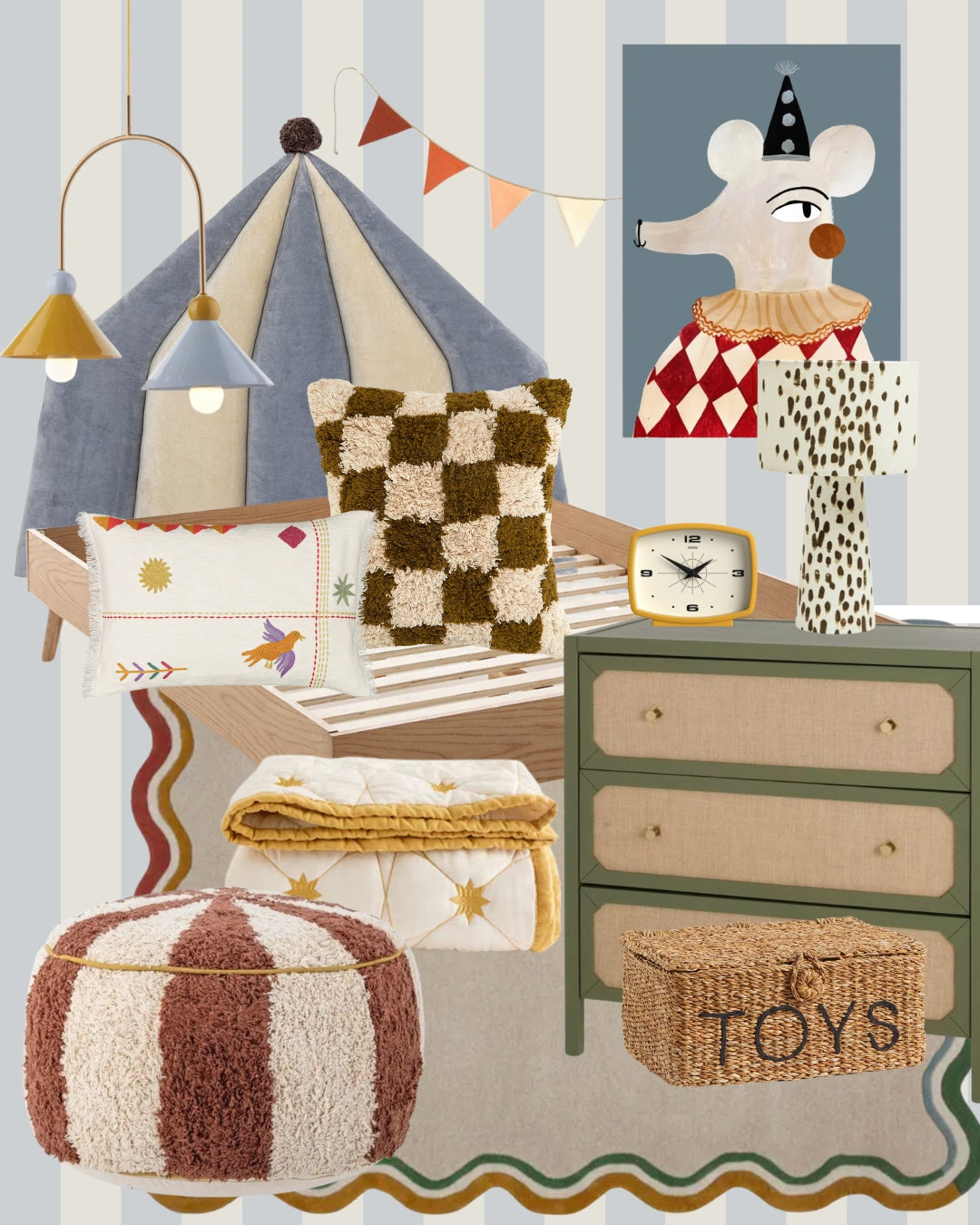A cozy, whimsical kids room featuring a tent-style bed, checkered and embroidered pillows, polka-dot lamp, wicker toy basket, striped pouf, dresser, playful wall art of a harlequin mouse, and Circus Stripe Wallpaper Sky.