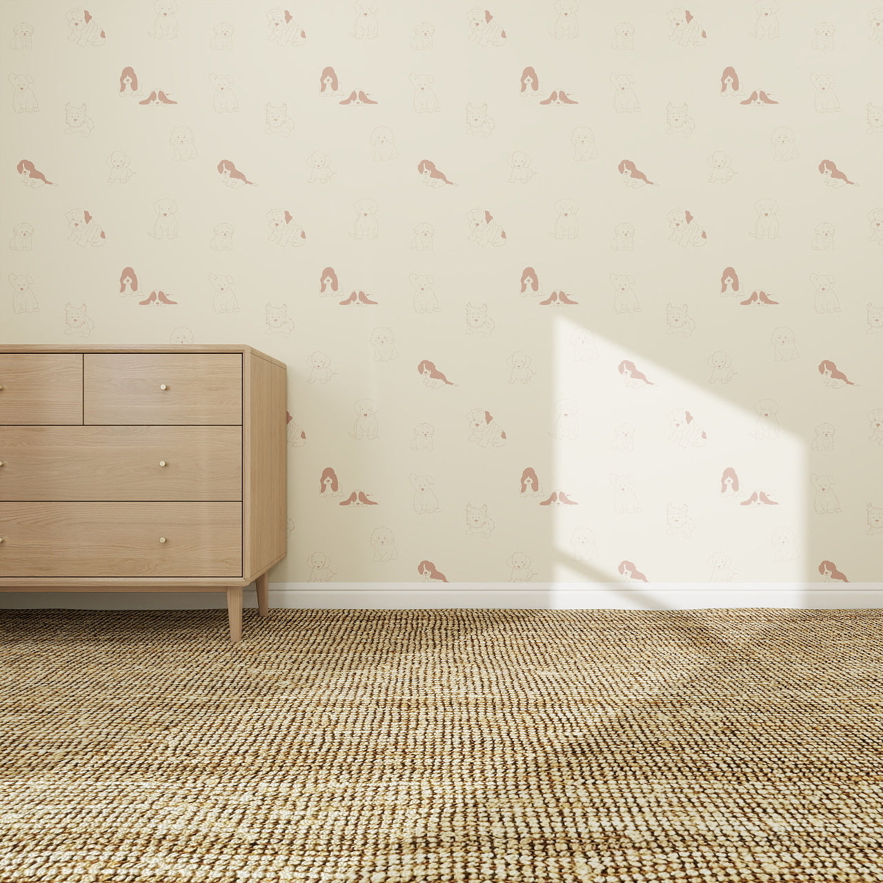 A light, neutral room features Custom Puppy Dog Wallpaper Repeat Pattern | Rose with minimal animal illustrations, a woven carpet, wooden dresser on the left, and sunlight casting a bright rectangle on the beige wall and floor.
