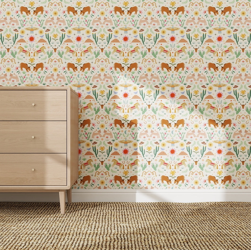 A light wood dresser sits on a woven rug before a wall adorned with the Youre A Wild One Wallpaper Repeat Pattern, featuring foxes, flowers, and leaves in a whimsical design that adds playful adventure to the room.