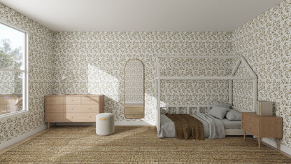 A bright bedroom with Dreamy Vines Wallpaper Repeat Pattern, a house-shaped bed frame, brown bedding, tall mirror, wooden dresser, nightstand, woven natural-tone rug, and sunlight streaming through a large window.
