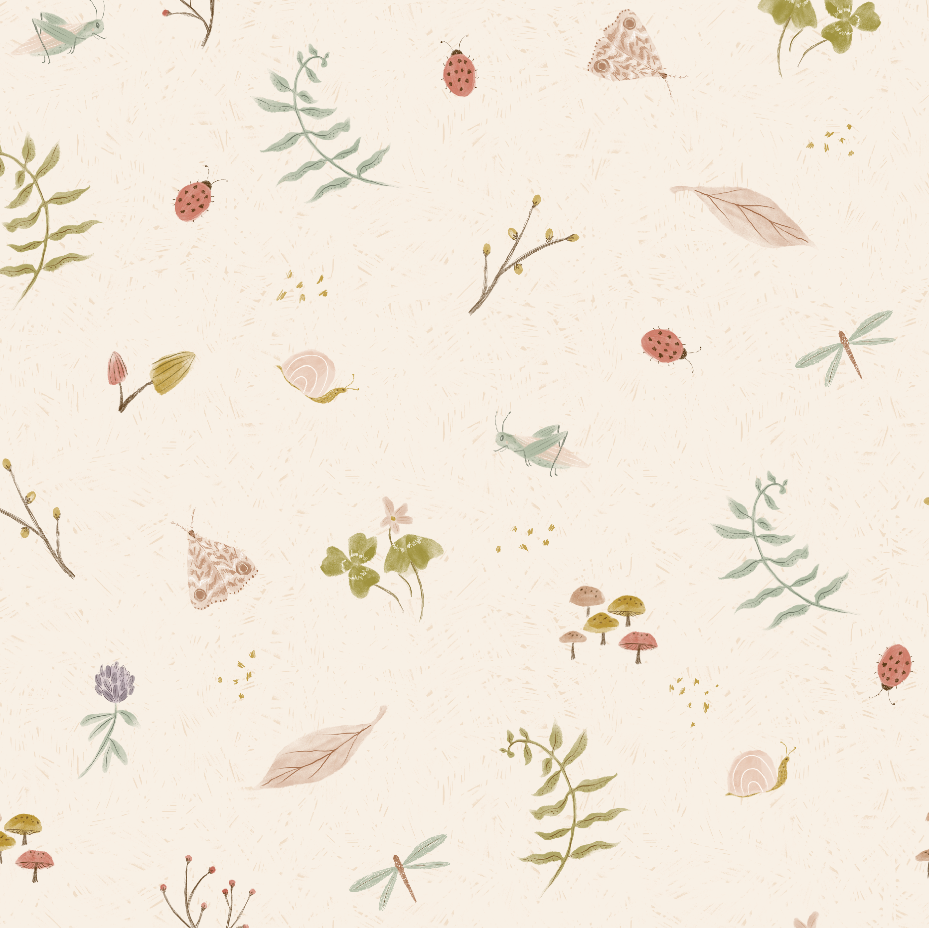 Whimsical seamless pattern featuring leaves, snails, ladybugs, dragonflies, mushrooms, branches, and delicate flowers on a pale beige background—perfect as Elsies Verdant Garden Wallpaper to evoke a gentle, nature-inspired ambiance.