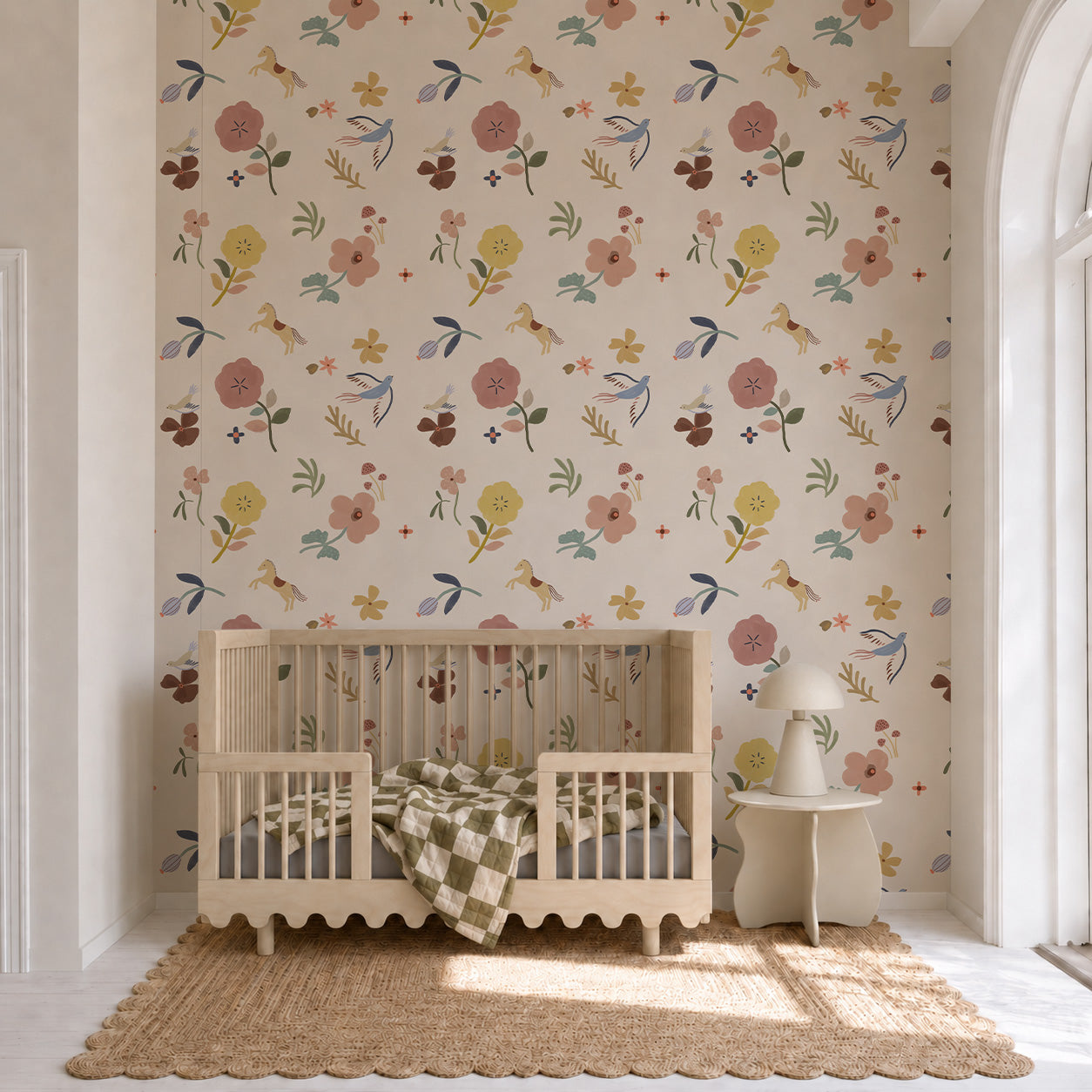 Flora and Fable hand-drawn children’s wallpaper with colourful flowers, birds, a horse, mushrooms and foliage on a warm cream background.