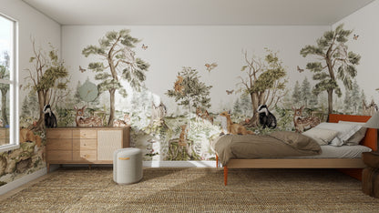 A cozy bedroom features the Into The Forest Wallpaper Mural Sample in stunning quality, showcasing trees, deer, foxes, owls, and butterflies. Sunlight streams onto the bed, nightstand, dresser, and woven rug through a large window.