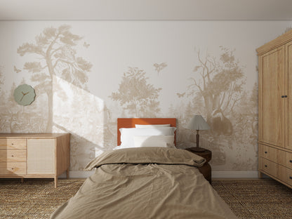 A minimalist bedroom with neutral tones features tan bedding, a wooden side table, wardrobe, dresser with a clock, and an Into The Forest Wallpaper Mural Neutral | Sample as a stunning nature-inspired accent behind the bed.