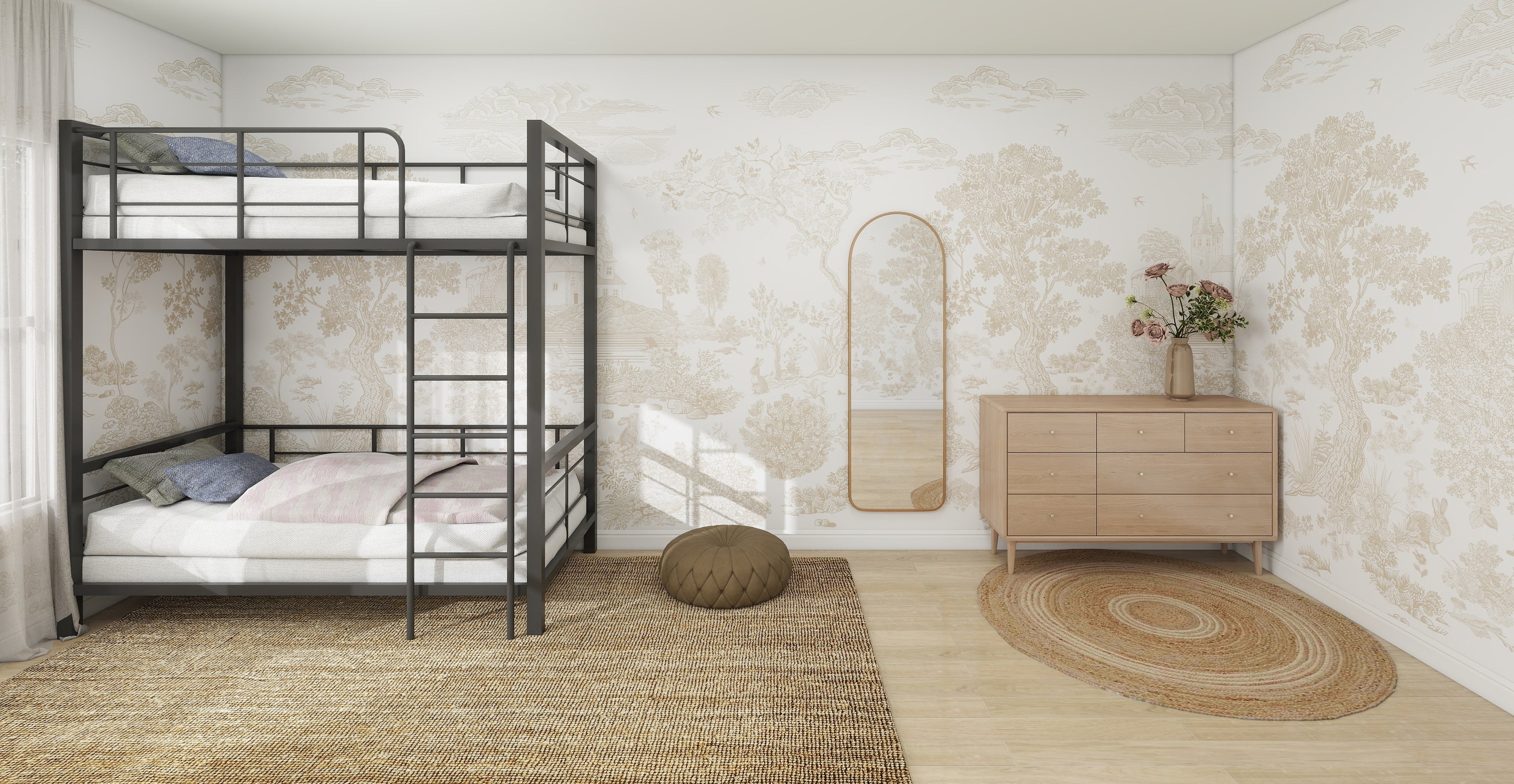 A minimalist bedroom features bunk beds with white bedding, a rattan rug, and a round cushion for tranquility. A wooden dresser with a flower vase and arched mirror complements the Forest Hideaway Wallpaper Neutral, creating an ideal serene nursery backdrop.