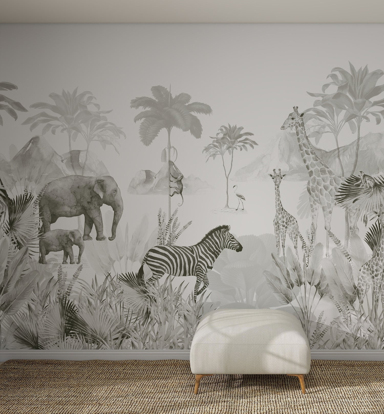 The Custom Jungle Mural Wallpaper V1_2 | Sample features a grayscale scene of African animals among palm trees and foliage, with a white cushioned bench placed on a woven rug in a modern, minimalist room.