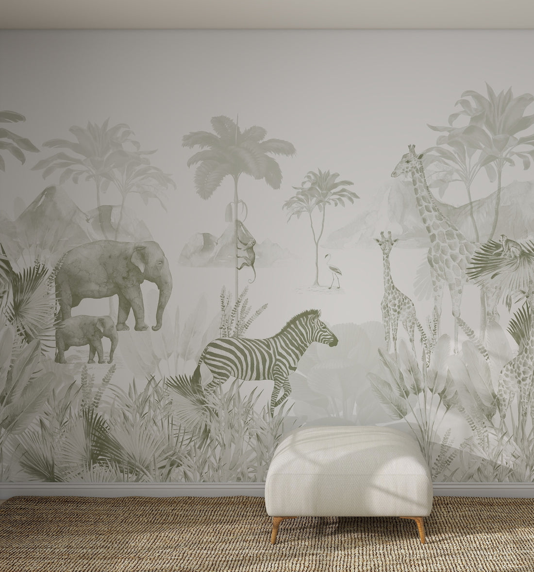 A minimalist room with a textured rug, white ottoman, and the Custom Jungle Mural Wallpaper V1_1 | Sample featuring softly colored safari animals and palm trees—ideal for adding a playful yet elegant touch to your space.