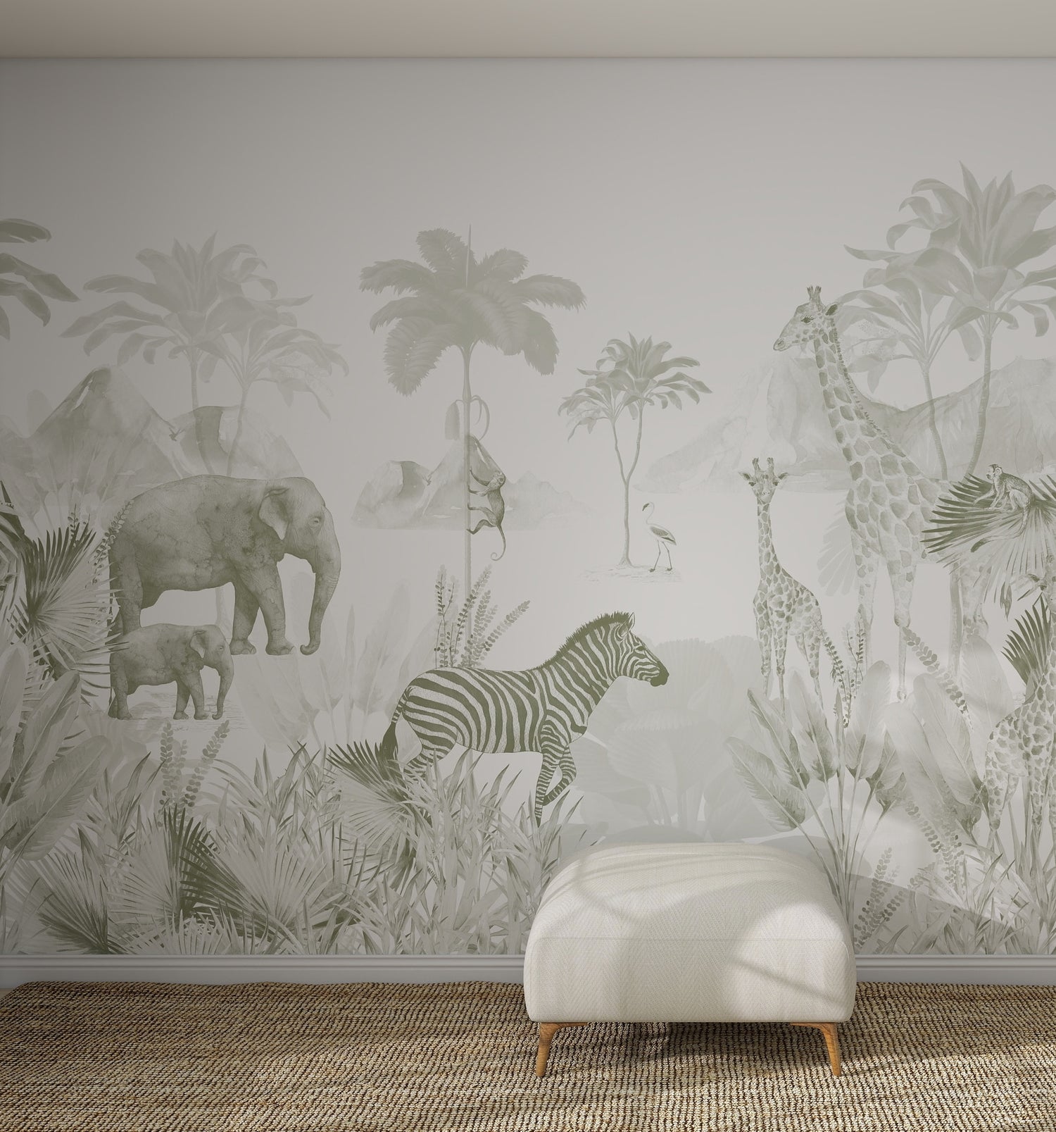 A minimalist room with a textured rug, white ottoman, and the Custom Jungle Mural Wallpaper V1_1 | Sample featuring softly colored safari animals and palm trees—ideal for adding a playful yet elegant touch to your space.