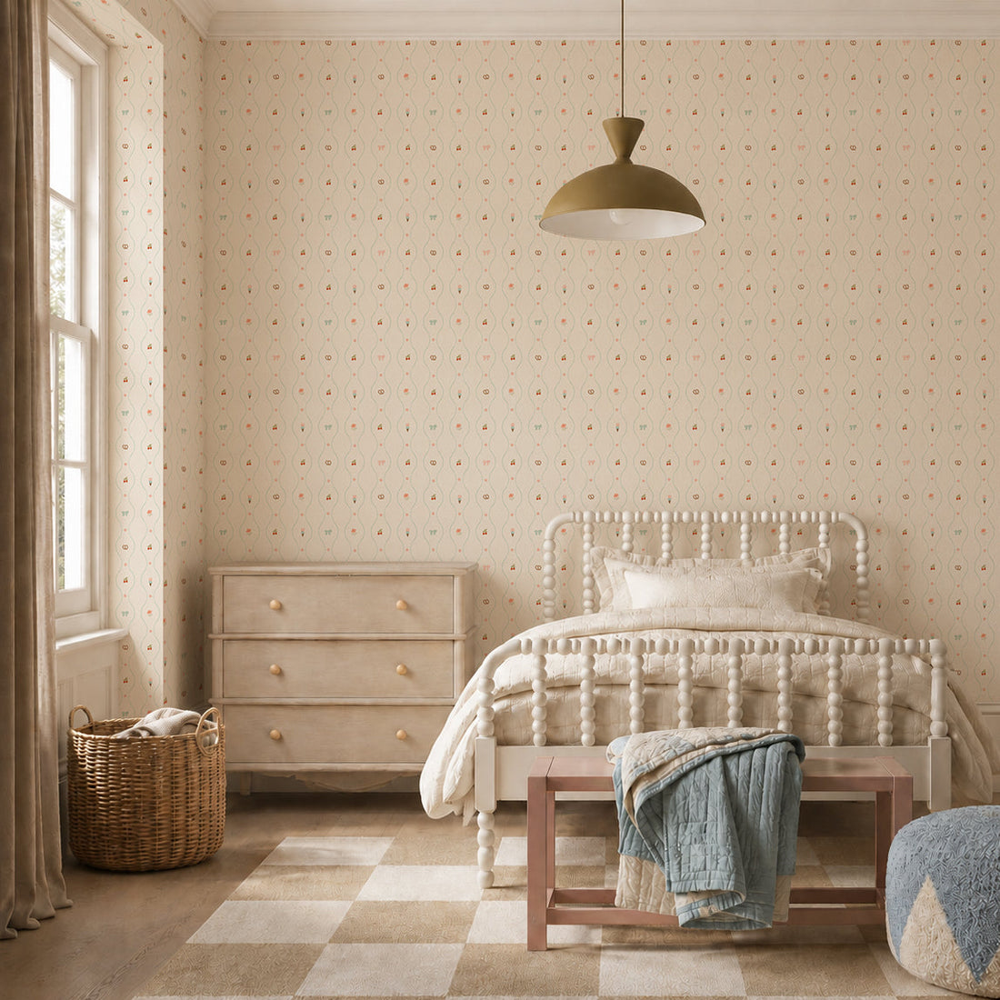 A cozy, neutral bedroom features a white vintage bed, textured bedding, light wood dresser, woven laundry basket, checkered rug, round pouf, bench with blanket, and charming Little Patisserie Stripe Wallpaper.