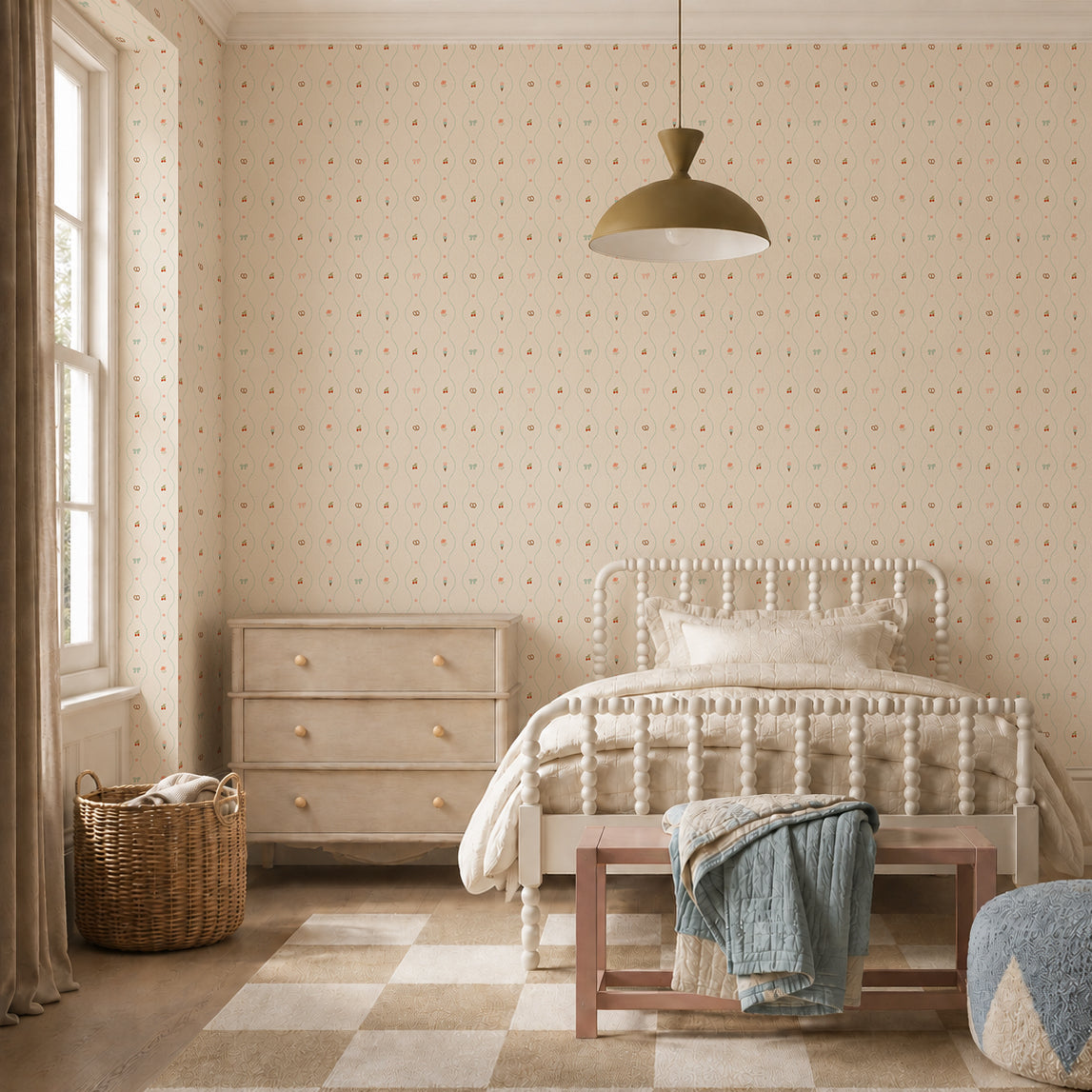 A cozy, neutral bedroom features a white vintage bed, textured bedding, light wood dresser, woven laundry basket, checkered rug, round pouf, bench with blanket, and charming Little Patisserie Stripe Wallpaper.