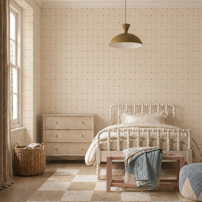 A cozy, neutral bedroom features a white vintage bed, textured bedding, light wood dresser, woven laundry basket, checkered rug, round pouf, bench with blanket, and charming Little Patisserie Stripe Wallpaper.