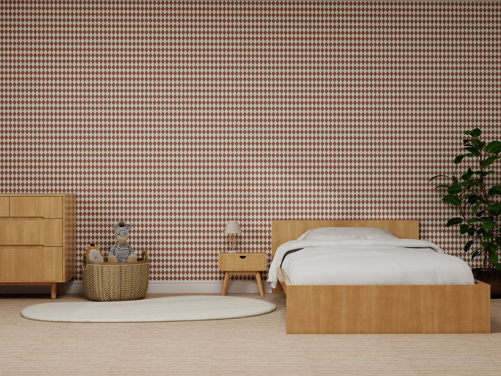 A minimalist bedroom with wood furniture features a bed, nightstand, and dresser. A large plant and stuffed animals rest on a rug, while the wall is adorned with Diamond Dancer Wallpaper in Stone Rose.
