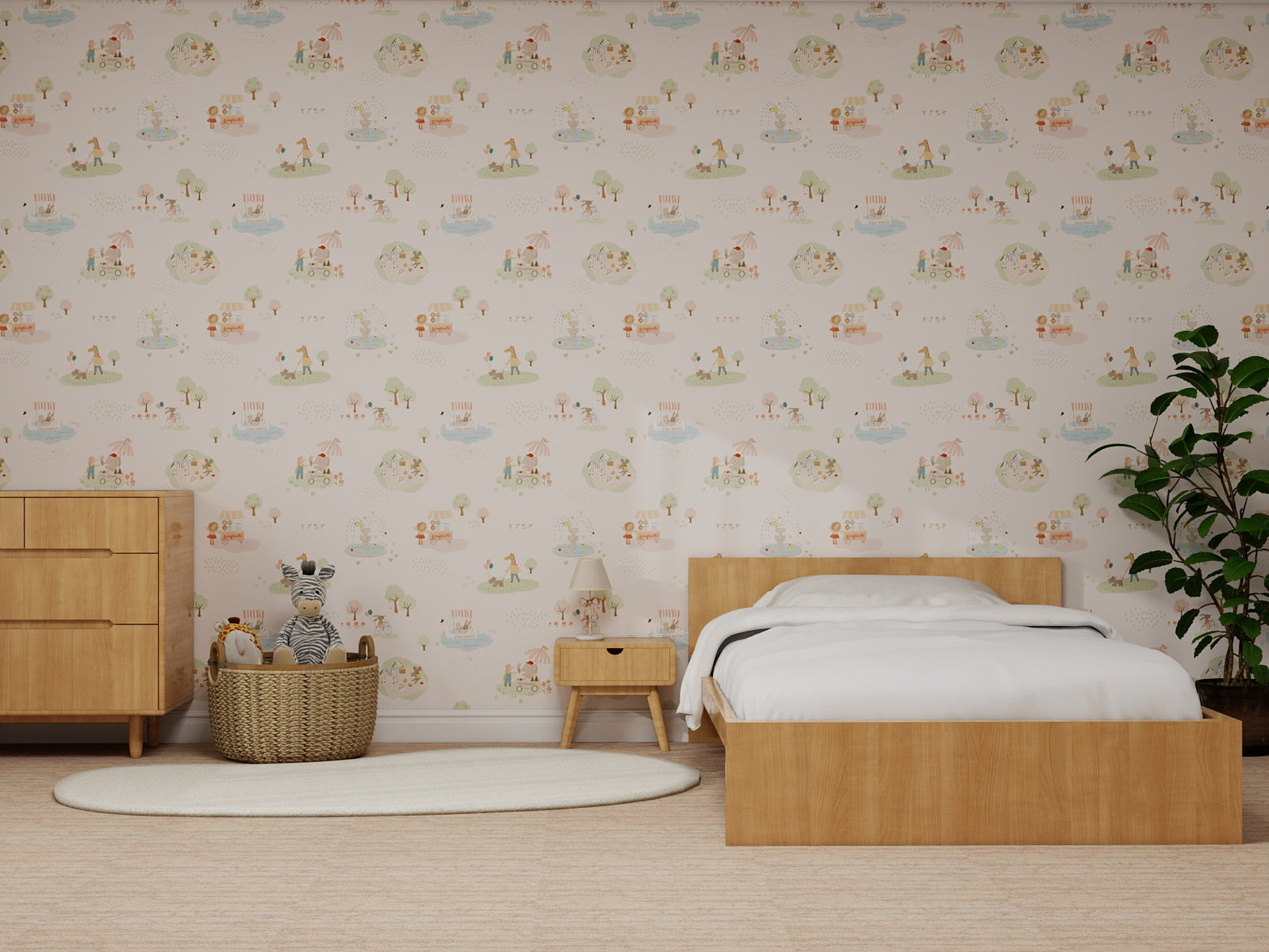 A cozy bedroom features light wooden furniture, white bedding, a bedside plant, plush toys in a basket on a rug, and cheerful Little Friends Day Out Wallpaper for a playful touch.