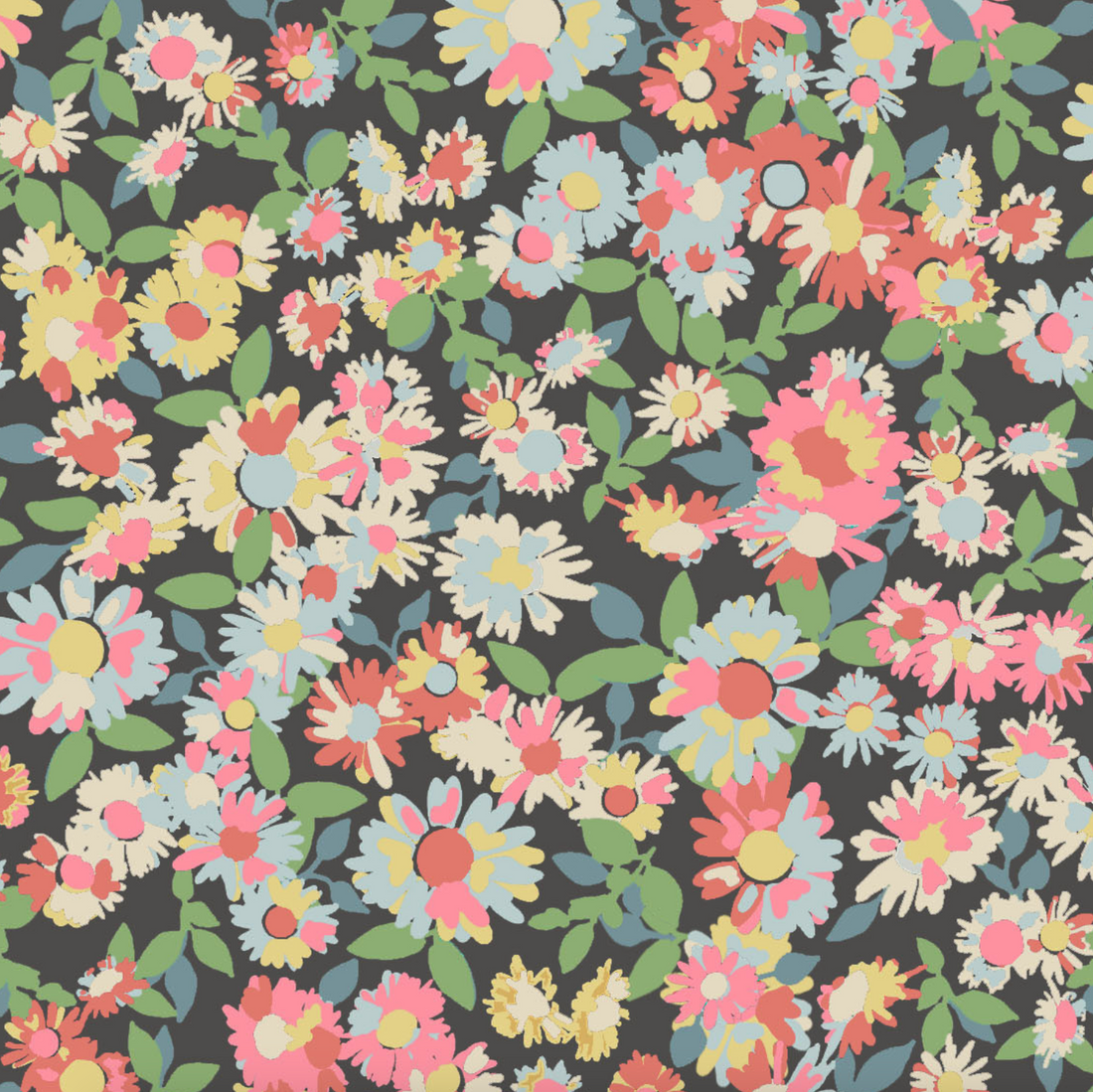 Midnight Meadow Florals Wallpaper | Sample features a seamless pattern of colorful daisy-like flowers with green leaves on a dark background, offering premium quality for adding vivid charm to any space.