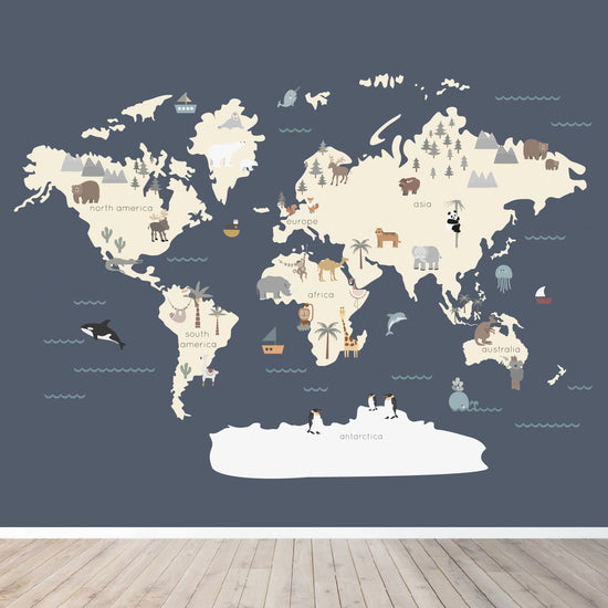Character World Map Wallpaper Mural | Navy - Munks and Me Wallpaper