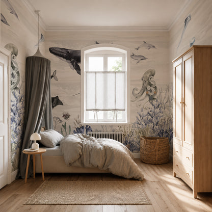 A cozy bedroom features an Ocean Magic Mural, Watercolour with whales, dolphins, and octopuses. The space includes a bed with gray bedding, wicker basket, wooden wardrobe, small nightstand, and a window with light curtains.