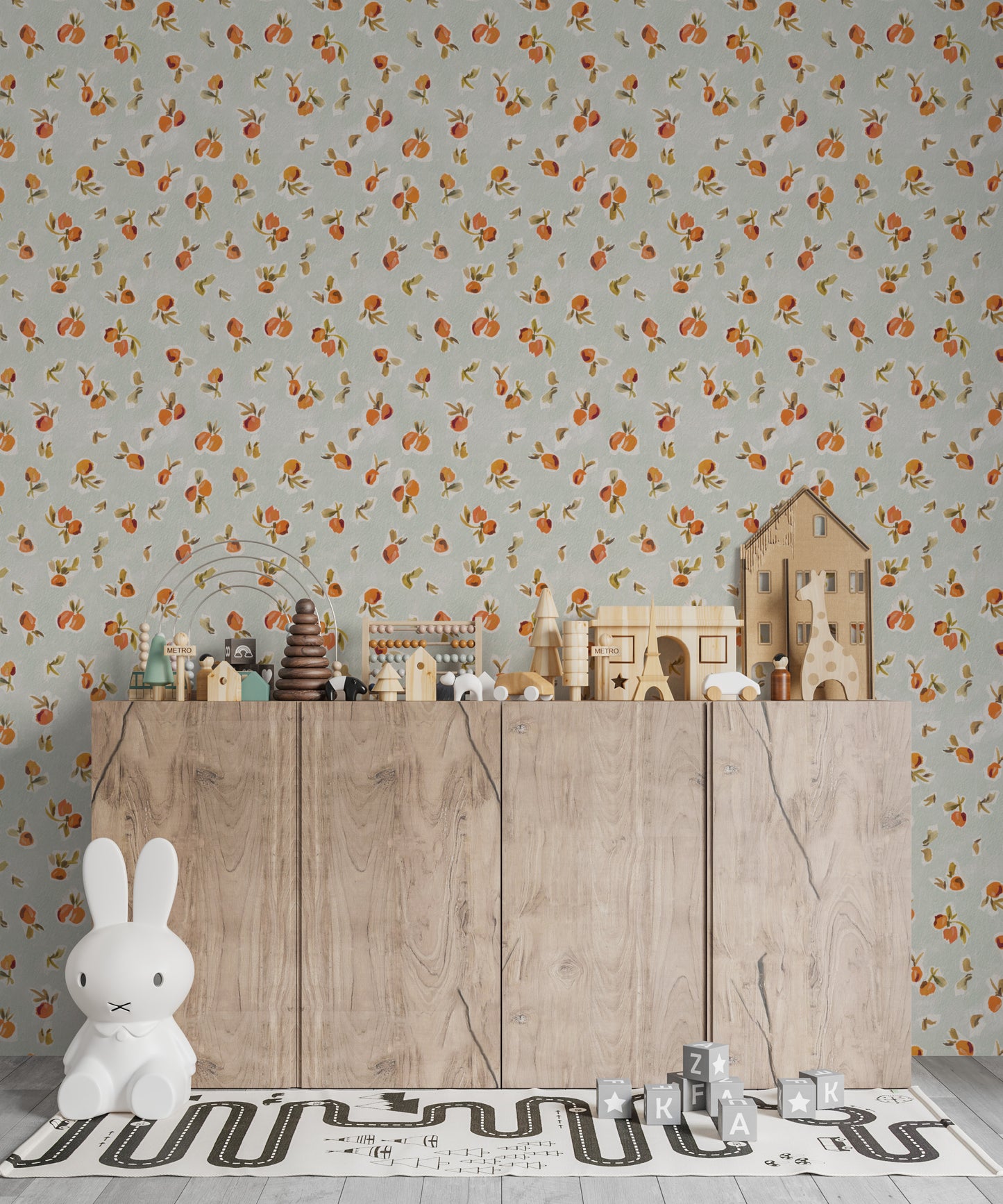 Ollies Oranges Repeat Pattern | Blue - Munks and Me Wallpaper
