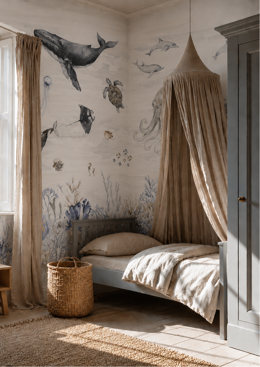 A cozy children’s bedroom with the Ocean Magic Mural, Watercolour featuring whales, turtles, and fish. The room includes a canopy bed, woven basket, wooden toys, and a large window with beige curtains letting in natural light.
