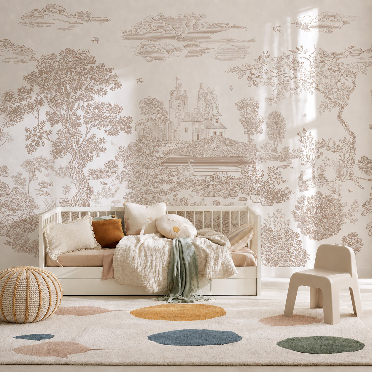 A cozy kids room featuring a daybed with pastel pillows and throw blankets, a pouf, a beige chair, and a playful rug with colorful dots. The wall showcases the Forest Hideaway Mural, Neutral—a scenic, sepia-toned wallpaper depicting trees, a house, and clouds for an inviting touch of nature.