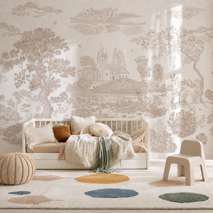 A cozy kids room featuring a daybed with pastel pillows and throw blankets, a pouf, a beige chair, and a playful rug with colorful dots. The wall showcases the Forest Hideaway Mural, Neutral—a scenic, sepia-toned wallpaper depicting trees, a house, and clouds for an inviting touch of nature.