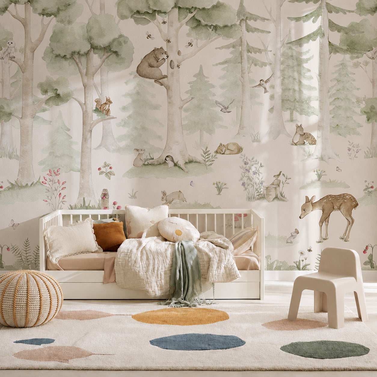 A cozy children’s room with a white bed, plush pillows, a pouf, a small chair, and a rug with colorful dots. The wall features the Woodland Friends Mural adorned with trees, woodland creatures, and soft pastel colors, creating a charming and inviting nature-themed space.