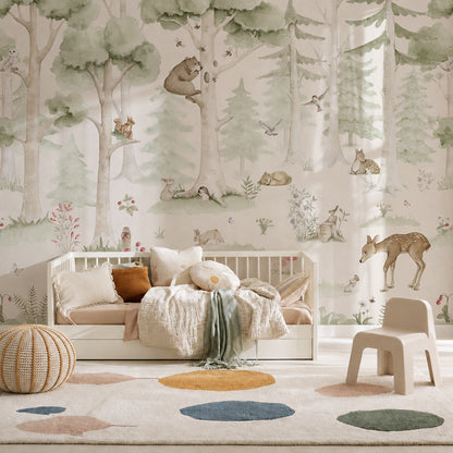 A cozy children’s room with a white bed, plush pillows, a pouf, a small chair, and a rug with colorful dots. The wall features the Woodland Friends Mural adorned with trees, woodland creatures, and soft pastel colors, creating a charming and inviting nature-themed space.