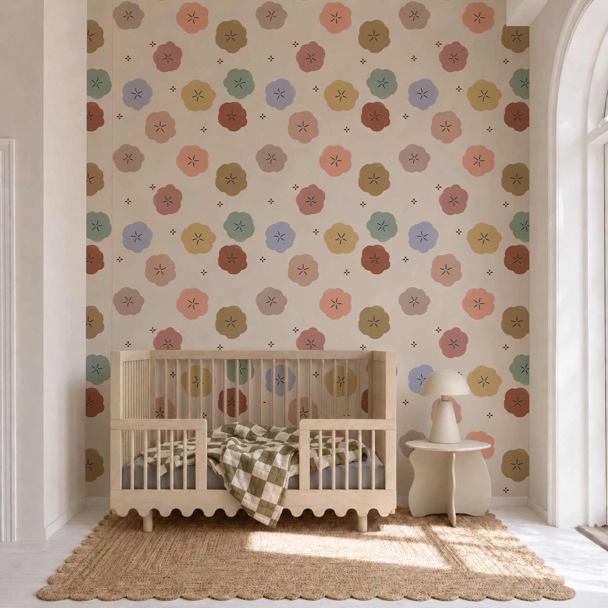 Posy Pop hand-drawn floral wallpaper with oversized colourful flowers on a warm cream background.