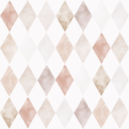 Harlequin Watercolour Wallpaper Repeat Pattern | Pink features seamless watercolor diamond shapes in blush and light brown on a white background, perfect for playful designs or as a chic pink wallpaper accent.