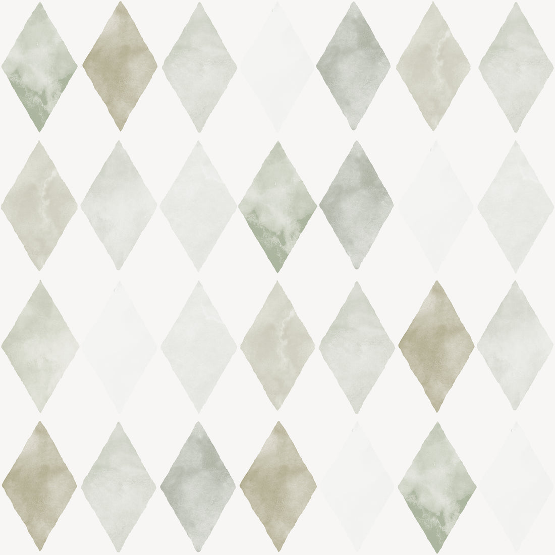 Harlequin Watercolour Wallpaper Repeat Pattern | Green features watercolor diamond shapes in muted green, beige, and gray, arranged in rows on a white background—ideal for playful wall designs.