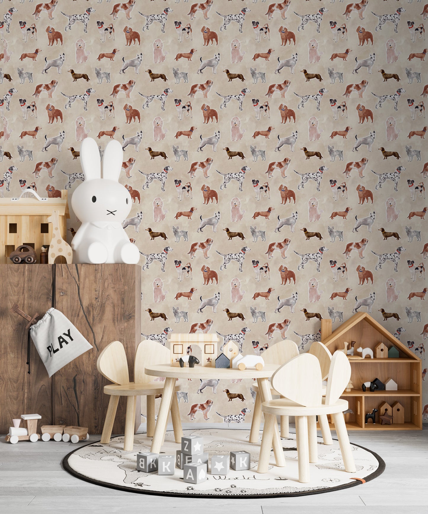 Rigby Dog Print Wallpaper Repeat Pattern | Sand - Munks and Me Wallpaper