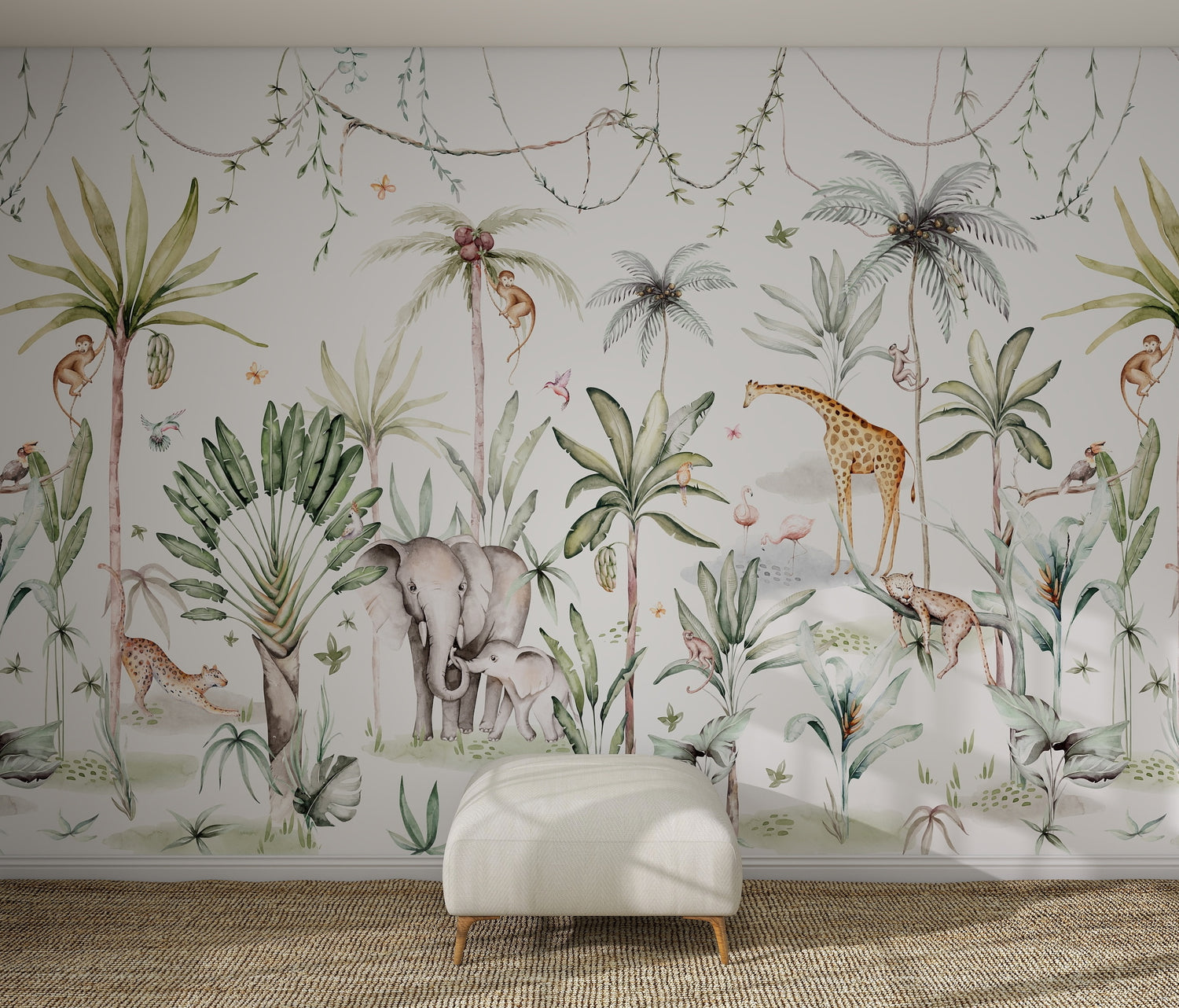 The Safari Wonderland Wallpaper Mural features playful elephants, giraffes, monkeys, and birds among lush green plants in a whimsical watercolor style—ideal for adding charm to any kids&