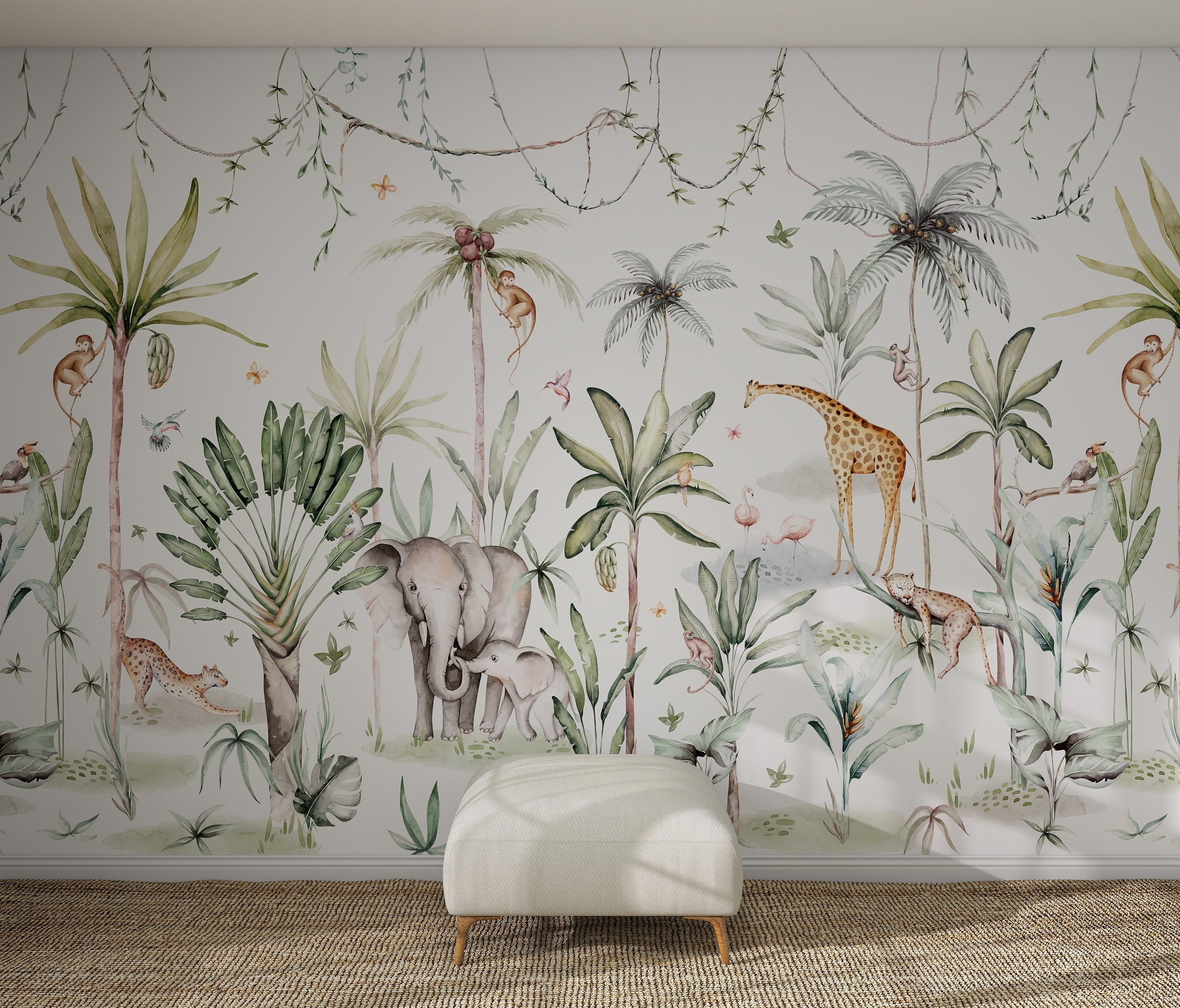 The Safari Wonderland Wallpaper Mural features playful elephants, giraffes, monkeys, and birds among lush green plants in a whimsical watercolor style—ideal for adding charm to any kids&