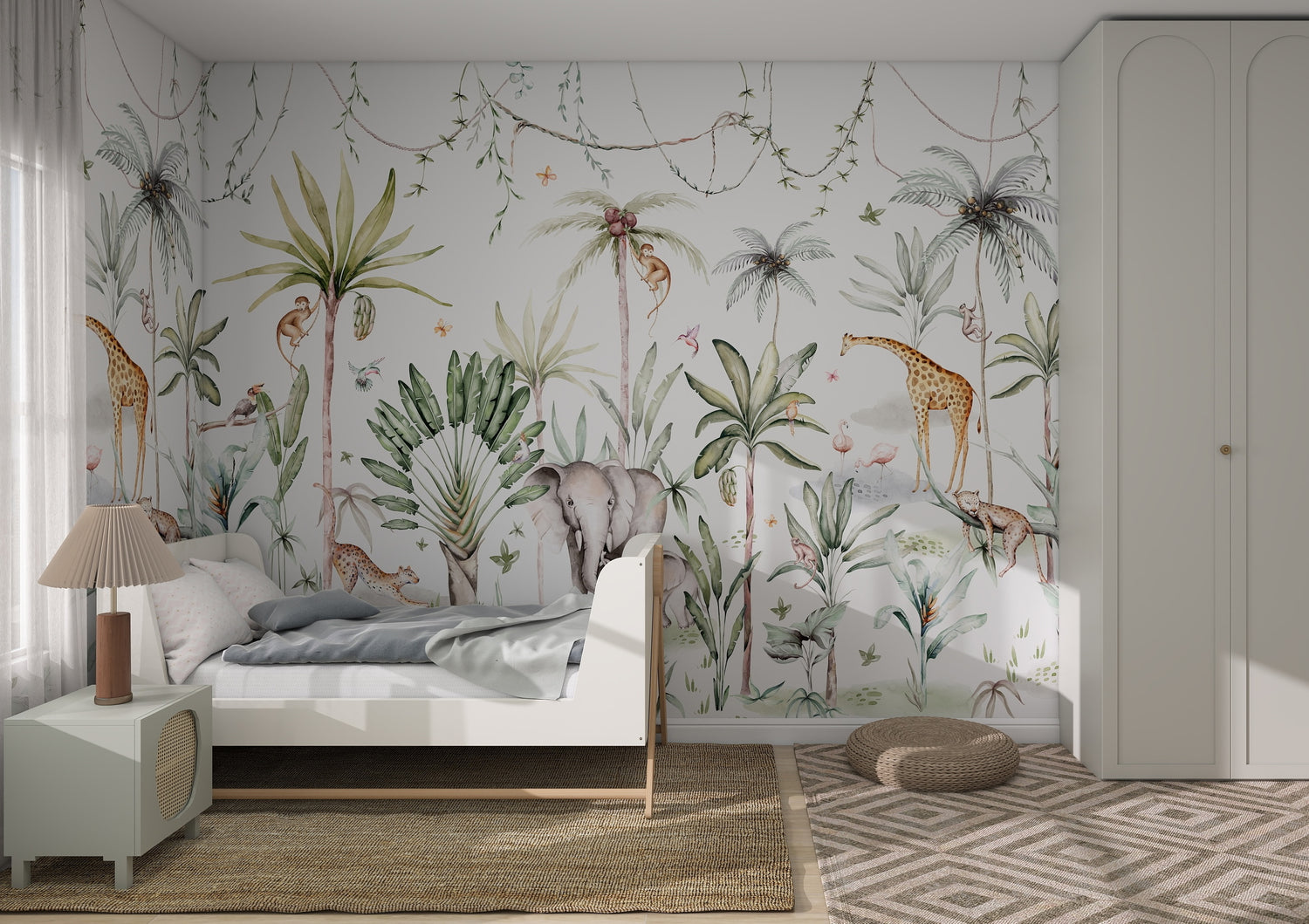 A cozy bedroom features the Safari Wonderland Wallpaper Mural, displaying elephants, giraffes, and birds in lush tropics. Natural light enhances its vibrant colors, while a bed, nightstand, rug, and wardrobe complete the inviting space.