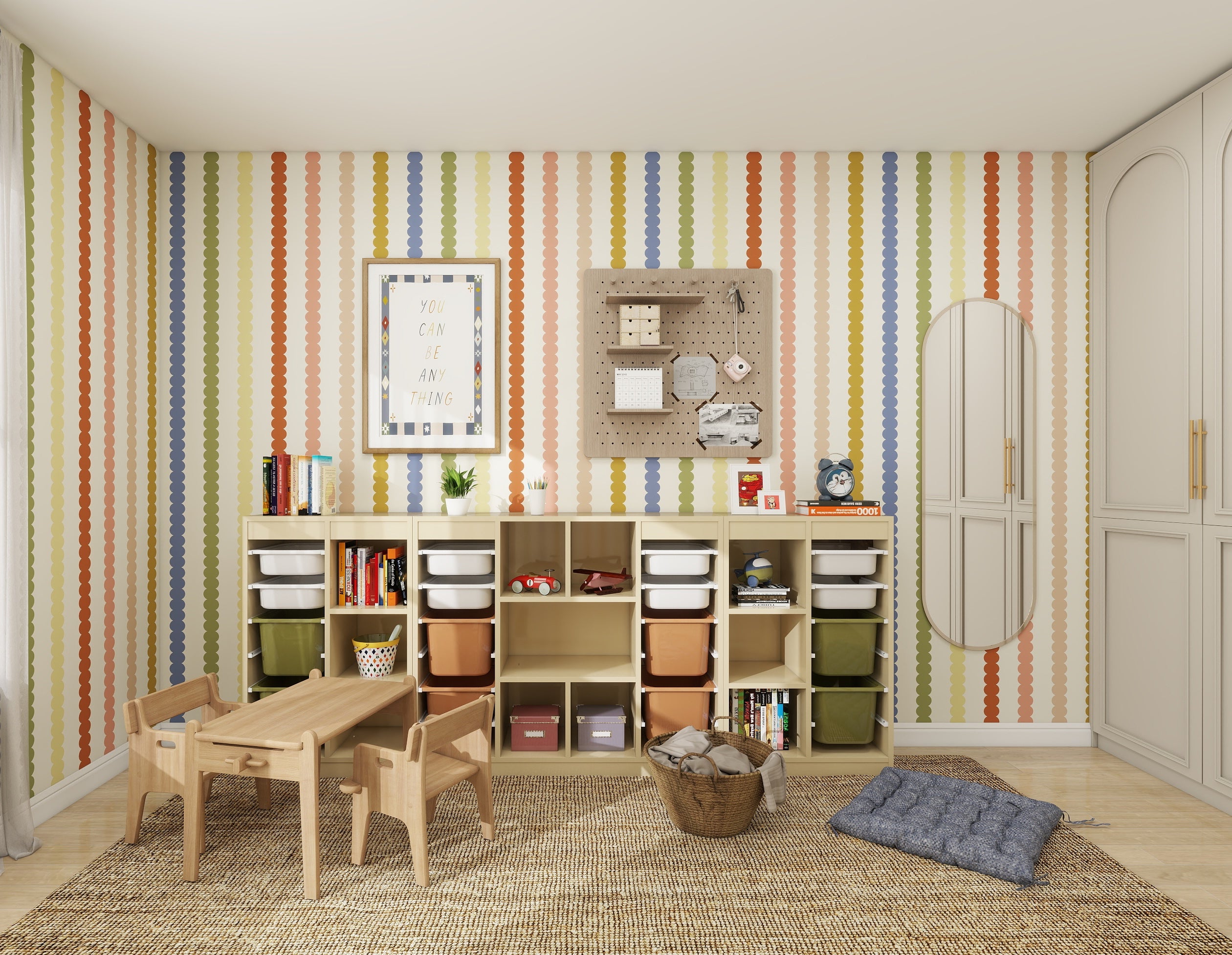 The munks and me Scallop Stripe Wallpaper in vibrant colors creates a lively playroom atmosphere, featuring wooden shelves with storage bins and toys. A small table set on a woven rug complements the decor. A pegboard, framed picture, basket, and cushion add functional warmth to the room.