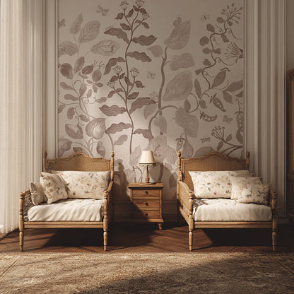 Two vintage-style wooden chairs with cushions flank a small table topped with a lamp, set against a wall covered in Secret Garden Wallpaper Mural Mocha. Soft light spills in through sheer curtains on the left.